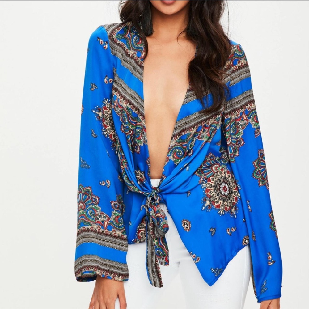 Blue paisley print silk tie front blouse with long sleeves